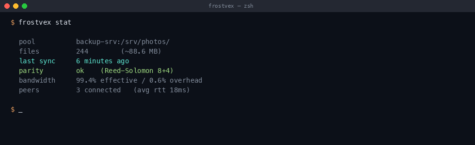 frostvex stat shows pool path, file count and size, last sync time, parity status, bandwidth efficiency, and connected peers with average RTT.